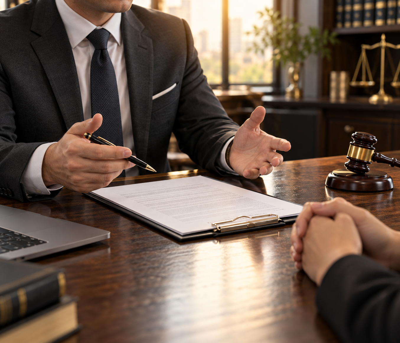 Attorney explaining a case at a desk