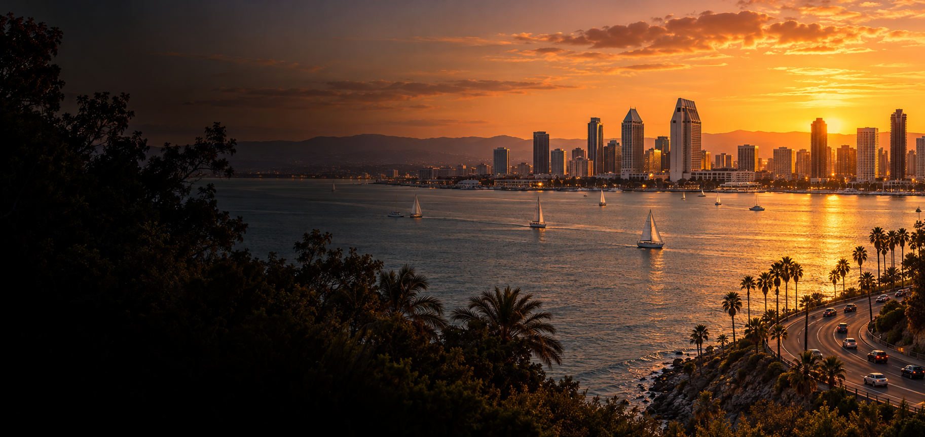San Diego bay, skyline and coastal roadway